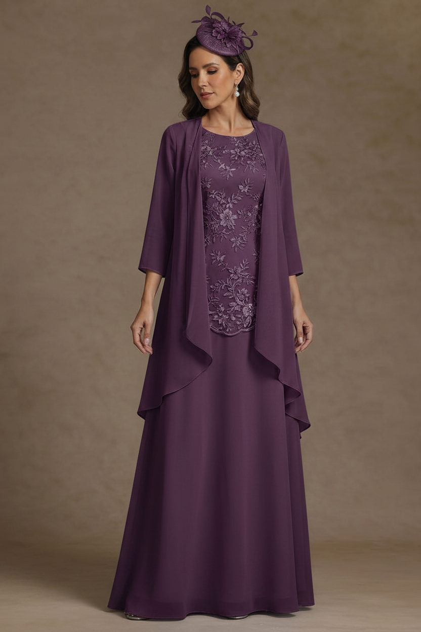 2 Pieces A-Line/Princess Scoop Chiffon Mother of the Bride Dresses with Jacket Floor-Length 3/4 Sleeves Lace