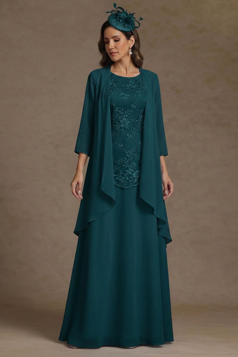 2 Pieces A-Line/Princess Scoop Chiffon Mother of the Bride Dresses with Jacket Floor-Length 3/4 Sleeves Lace