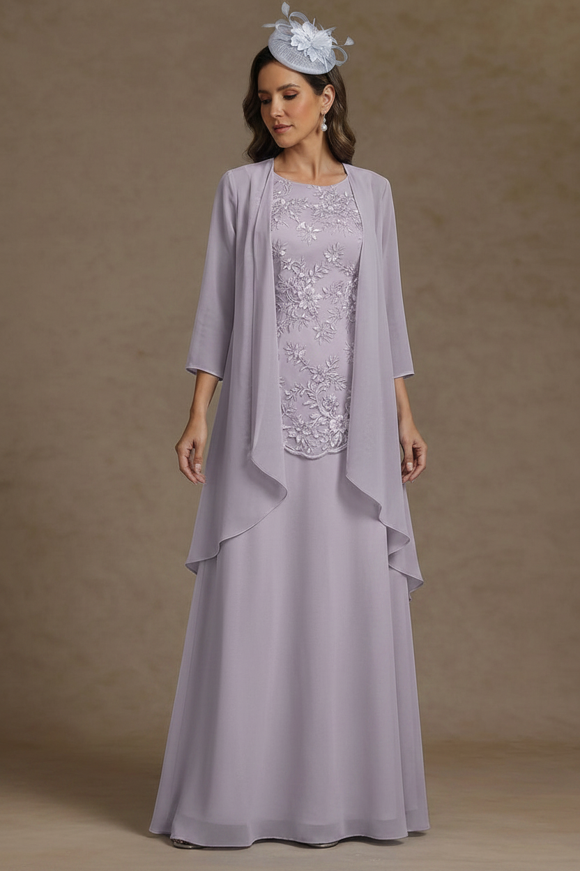 2 Pieces A-Line/Princess Scoop Chiffon Mother of the Bride Dresses with Jacket Floor-Length 3/4 Sleeves Lace