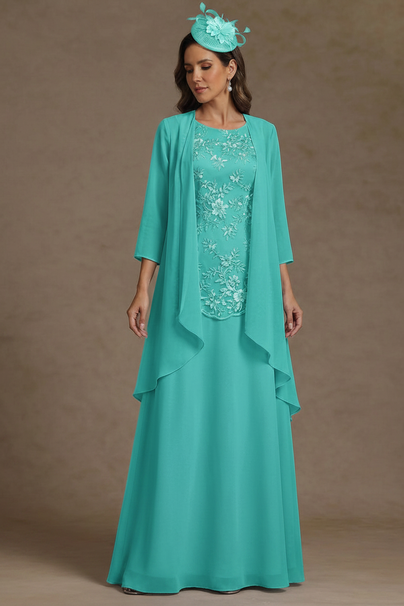 2 Pieces A-Line/Princess Scoop Chiffon Mother of the Bride Dresses with Jacket Floor-Length 3/4 Sleeves Lace