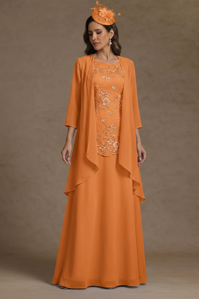 2 Pieces A-Line/Princess Scoop Chiffon Mother of the Bride Dresses with Jacket Floor-Length 3/4 Sleeves Lace