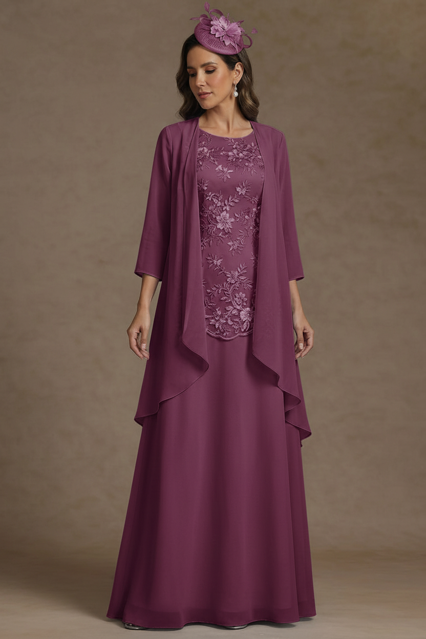 2 Pieces A-Line/Princess Scoop Chiffon Mother of the Bride Dresses with Jacket Floor-Length 3/4 Sleeves Lace
