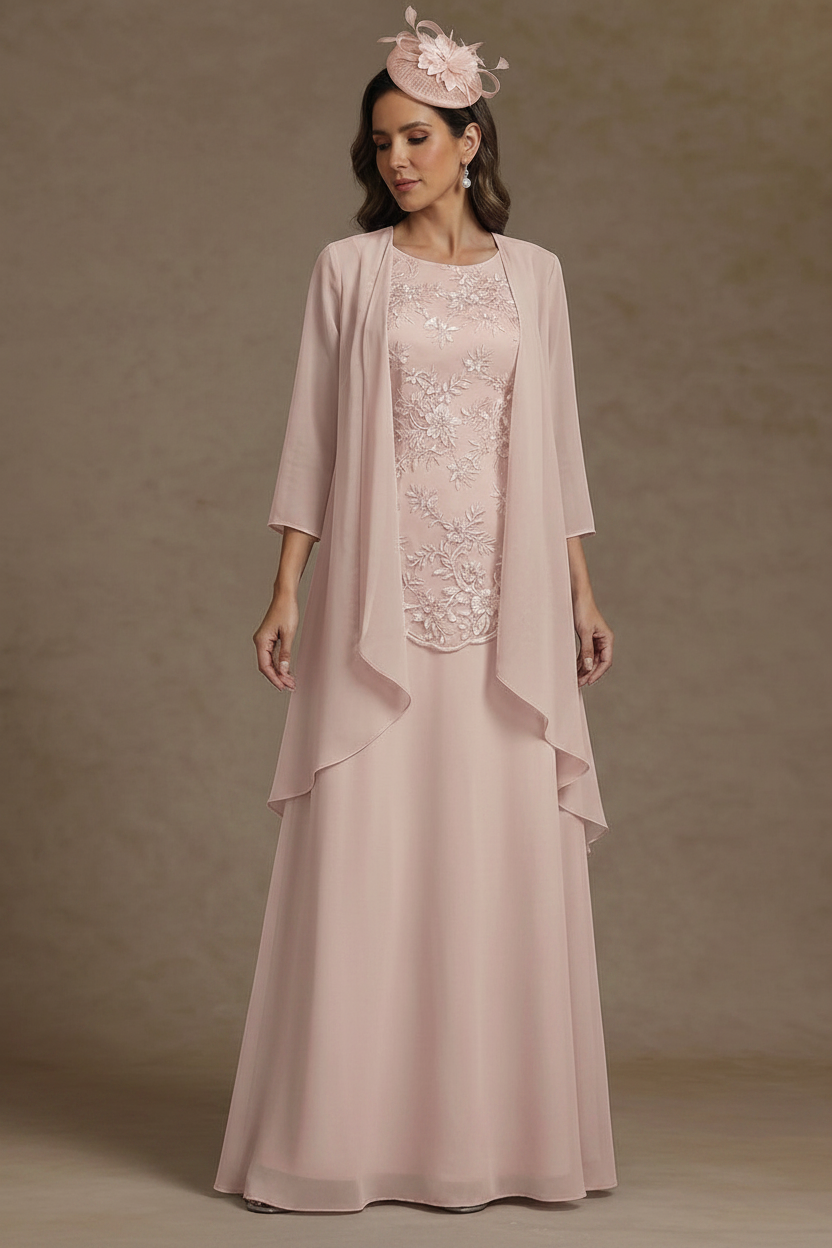 2 Pieces A-Line/Princess Scoop Chiffon Mother of the Bride Dresses with Jacket Floor-Length 3/4 Sleeves Lace