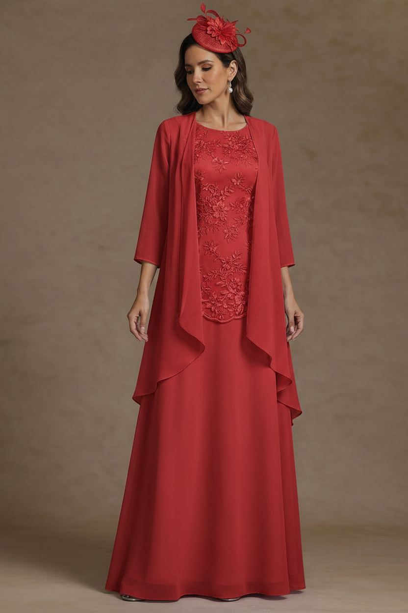 2 Pieces A-Line/Princess Scoop Chiffon Mother of the Bride Dresses with Jacket Floor-Length 3/4 Sleeves Lace