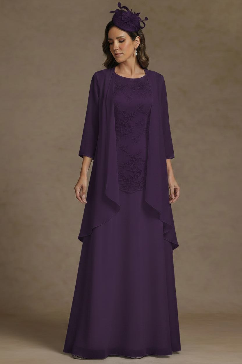 2 Pieces A-Line/Princess Scoop Chiffon Mother of the Bride Dresses with Jacket Floor-Length 3/4 Sleeves Lace