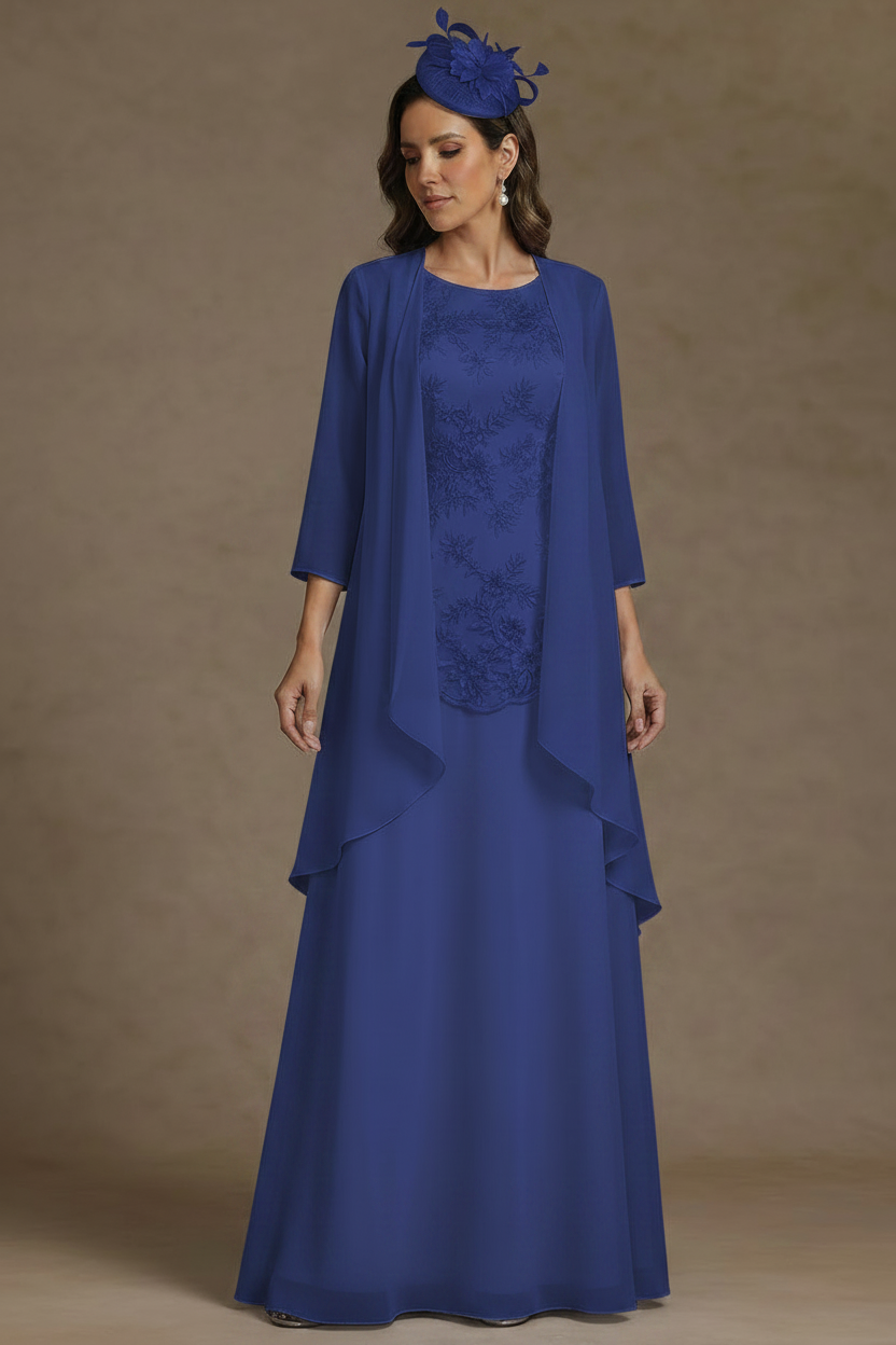 2 Pieces A-Line/Princess Scoop Chiffon Mother of the Bride Dresses with Jacket Floor-Length 3/4 Sleeves Lace