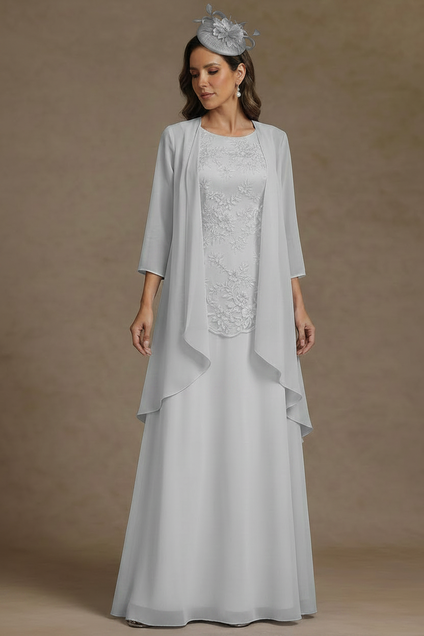 2 Pieces A-Line/Princess Scoop Chiffon Mother of the Bride Dresses with Jacket Floor-Length 3/4 Sleeves Lace