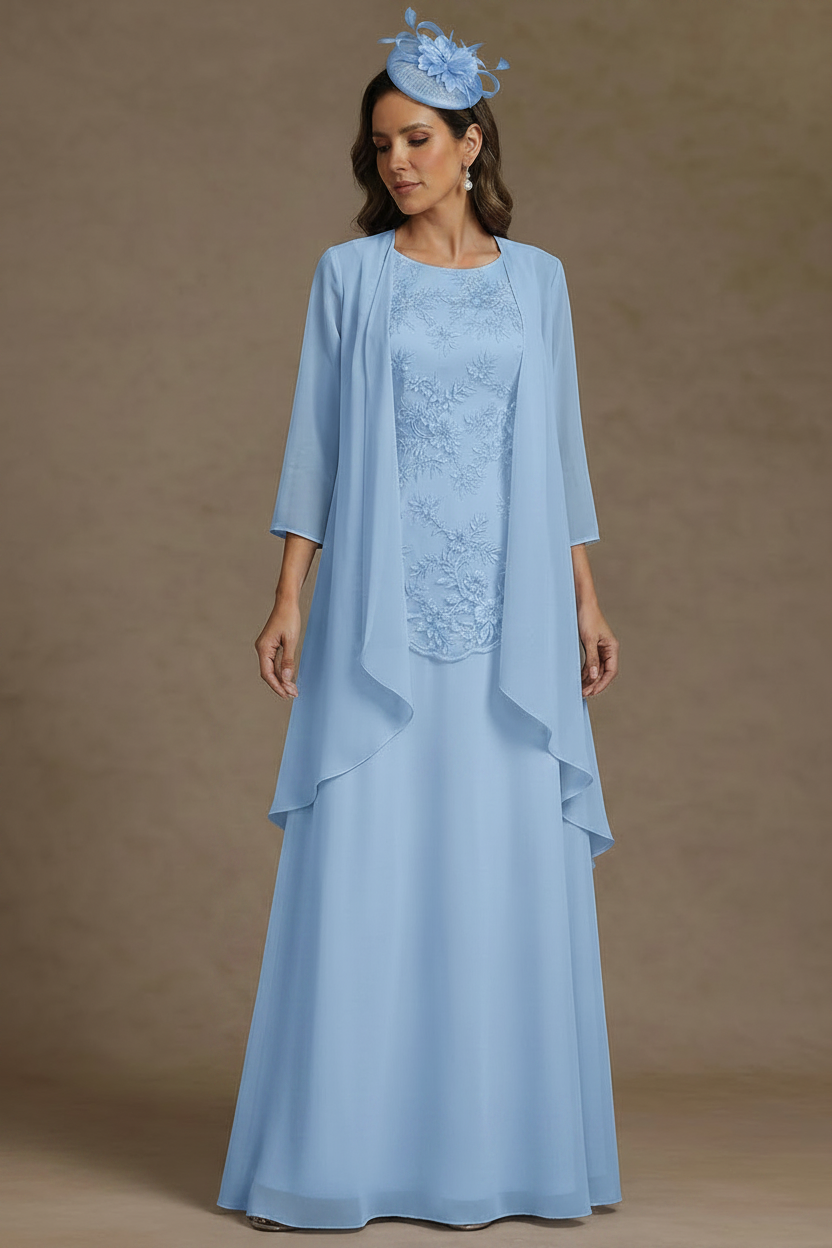 2 Pieces A-Line/Princess Scoop Chiffon Mother of the Bride Dresses with Jacket Floor-Length 3/4 Sleeves Lace