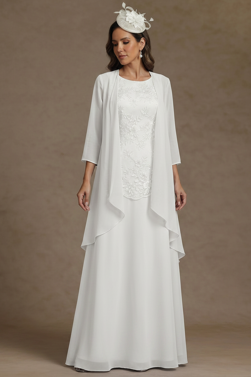 2 Pieces A-Line/Princess Scoop Chiffon Mother of the Bride Dresses with Jacket Floor-Length 3/4 Sleeves Lace