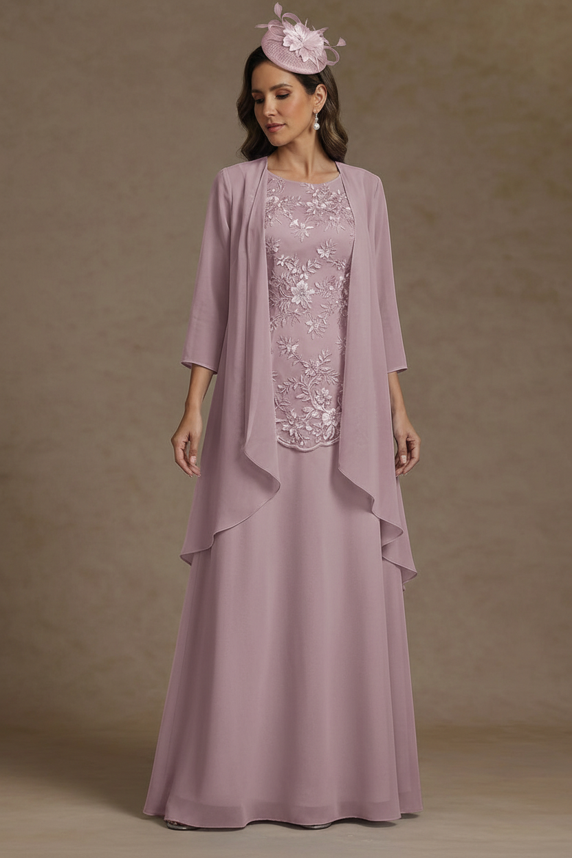 2 Pieces A-Line/Princess Scoop Chiffon Mother of the Bride Dresses with Jacket Floor-Length 3/4 Sleeves Lace
