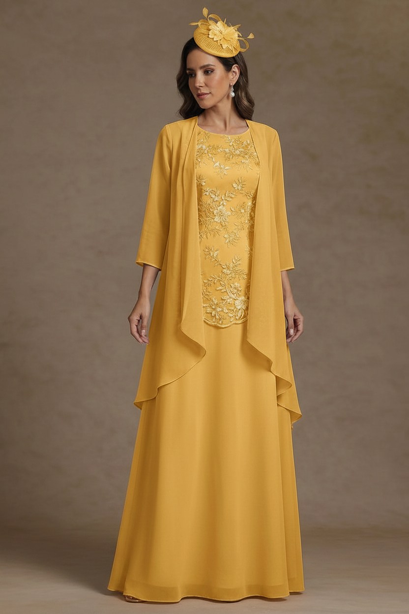 2 Pieces A-Line/Princess Scoop Chiffon Mother of the Bride Dresses with Jacket Floor-Length 3/4 Sleeves Lace