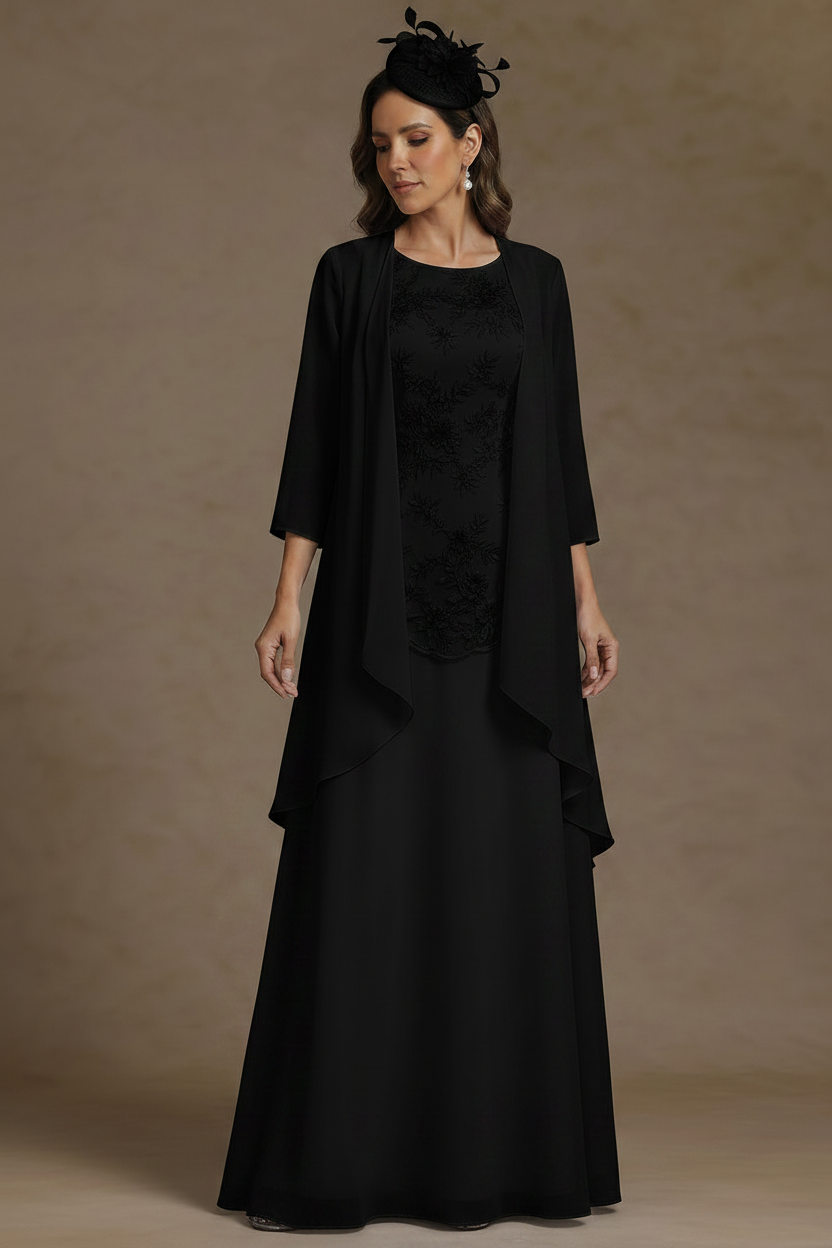2 Pieces A-Line/Princess Scoop Chiffon Mother of the Bride Dresses with Jacket Floor-Length 3/4 Sleeves Lace