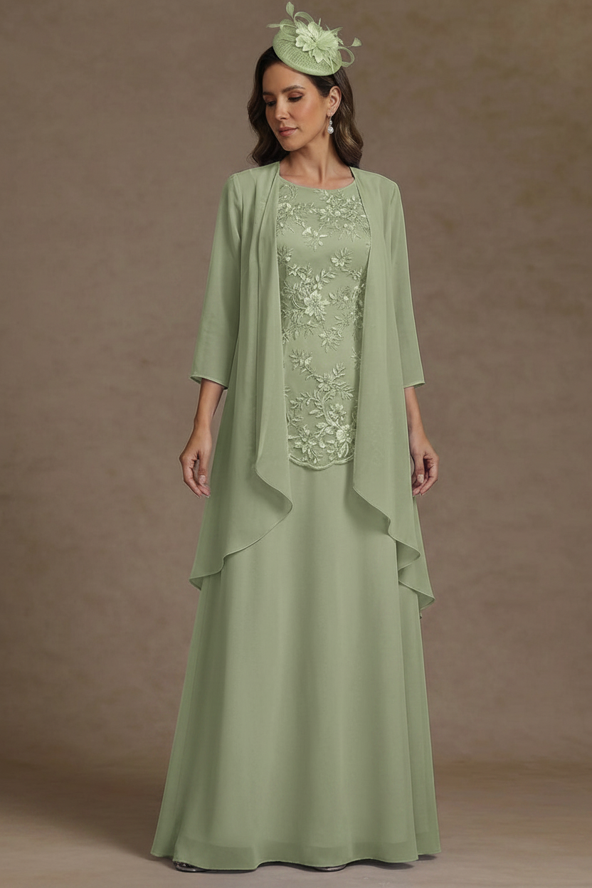 2 Pieces A-Line/Princess Scoop Chiffon Mother of the Bride Dresses with Jacket Floor-Length 3/4 Sleeves Lace