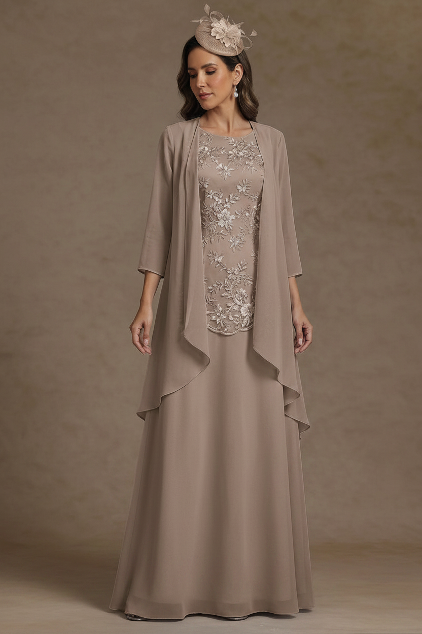 2 Pieces A-Line/Princess Scoop Chiffon Mother of the Bride Dresses with Jacket Floor-Length 3/4 Sleeves Lace