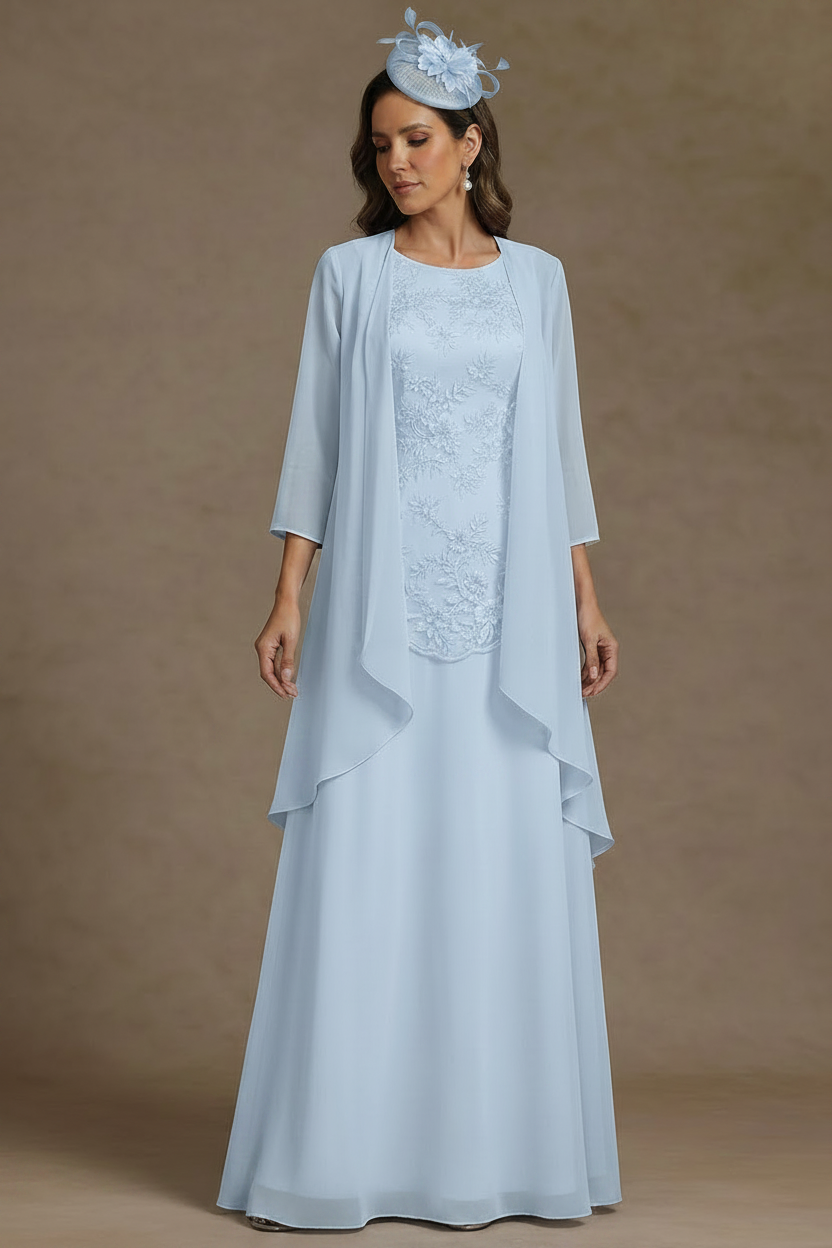 2 Pieces A-Line/Princess Scoop Chiffon Mother of the Bride Dresses with Jacket Floor-Length 3/4 Sleeves Lace