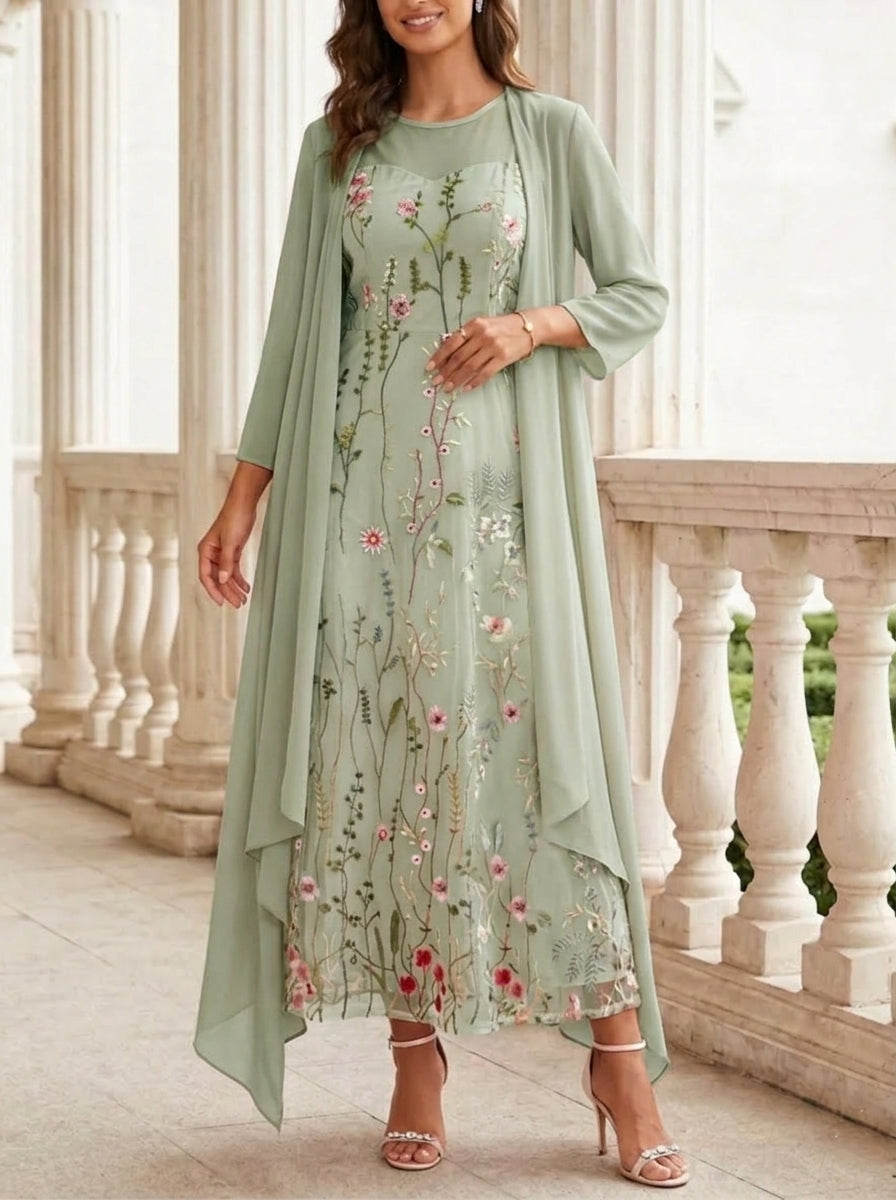 2 Pieces A-Line/Princess Scoop Chiffon Mother of the Bride Dresses with Jacket Long Sleeves Ankle-Length Lace Floral