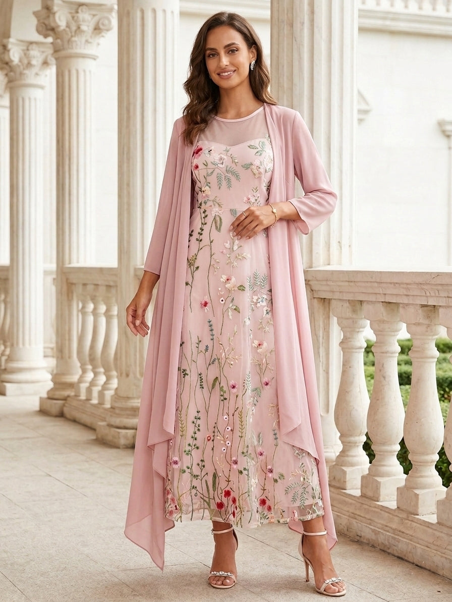 floral chiffon mother of the bride dresses A-Line/Princess Scoop Chiffon Mother of the Bride Dresses Lace Floral Half Sleeves Ankle-Length Candy Pink