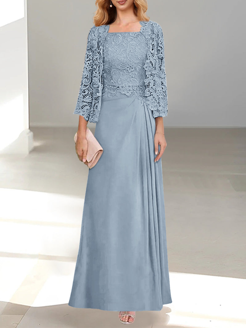 2 Pieces A-Line/Princess Scoop Floor-Length Mother of the Bride Dresses with Pleated & Lace Appliques