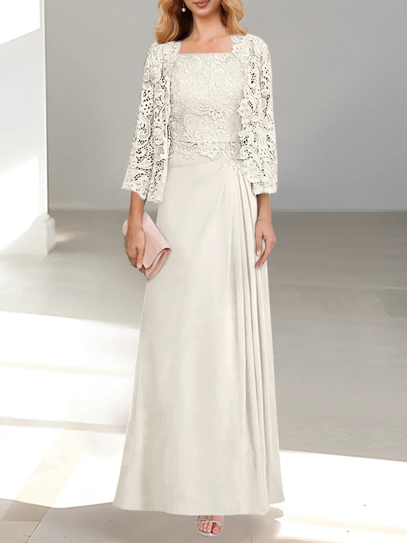 2 Pieces A-Line/Princess Scoop Floor-Length Mother of the Bride Dresses with Pleated & Lace Appliques