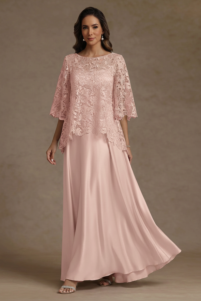 2 Pieces A-Line/Princess Silk Satin Scoop Mother ofthe Bride Dresses Lace Floor Length Short Sleeves
