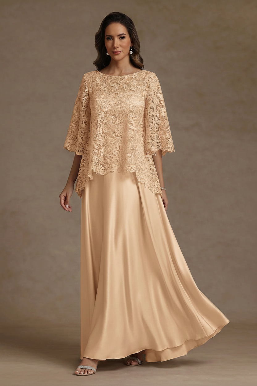 2 Pieces A-Line/Princess Silk Satin Scoop Mother ofthe Bride Dresses Lace Floor Length Short Sleeves