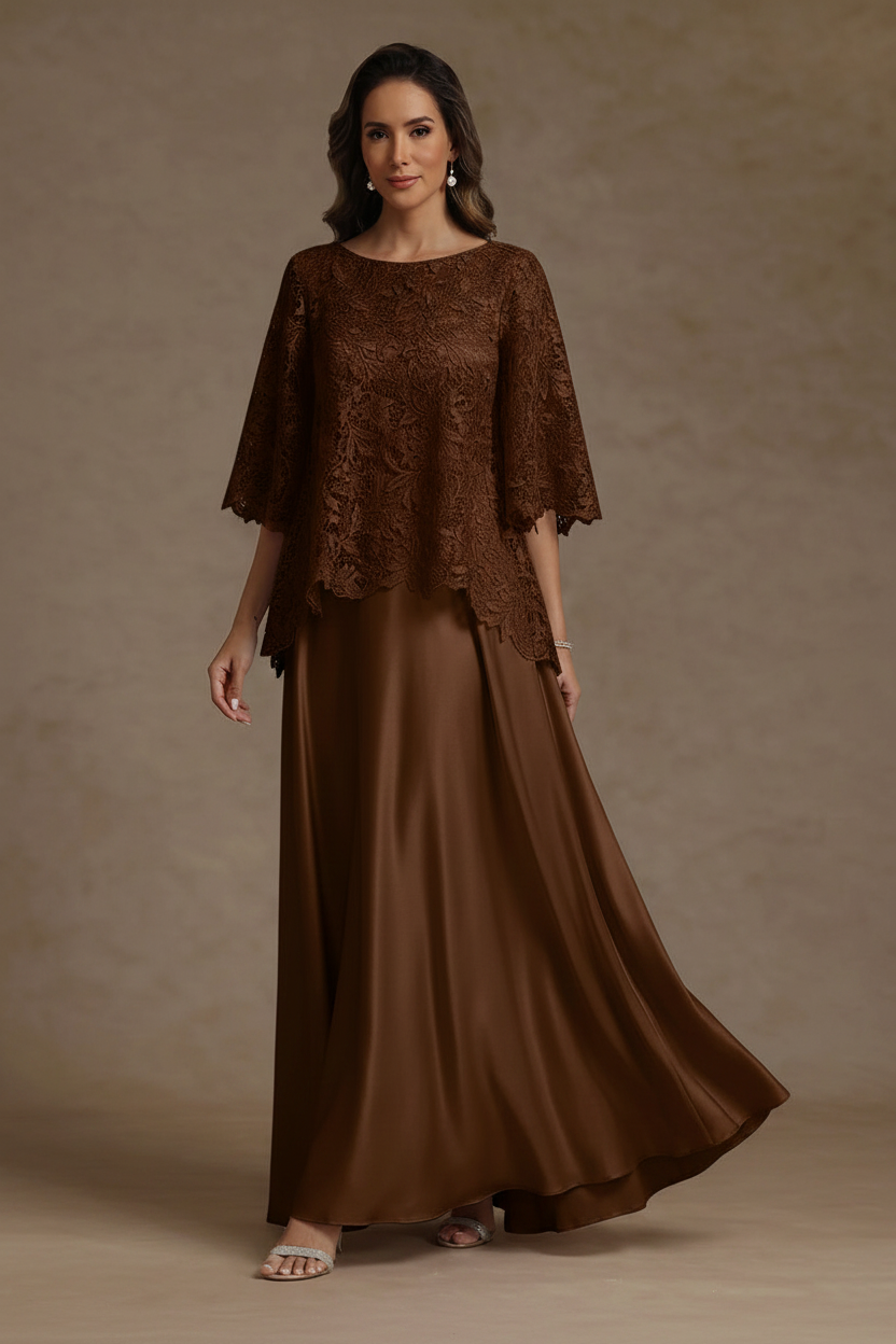 2 Pieces A-Line/Princess Silk Satin Scoop Mother ofthe Bride Dresses Lace Floor Length Short Sleeves