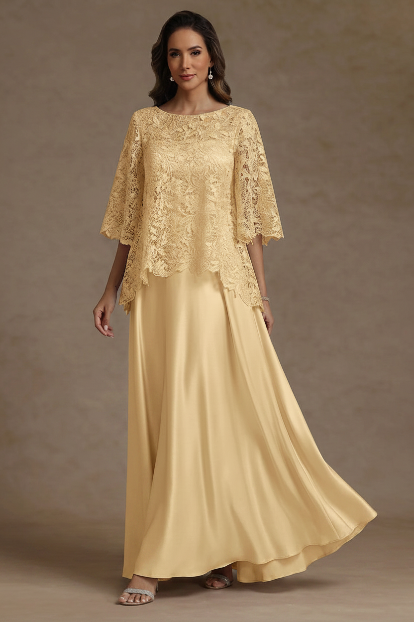 2 Pieces A-Line/Princess Silk Satin Scoop Mother ofthe Bride Dresses Lace Floor Length Short Sleeves
