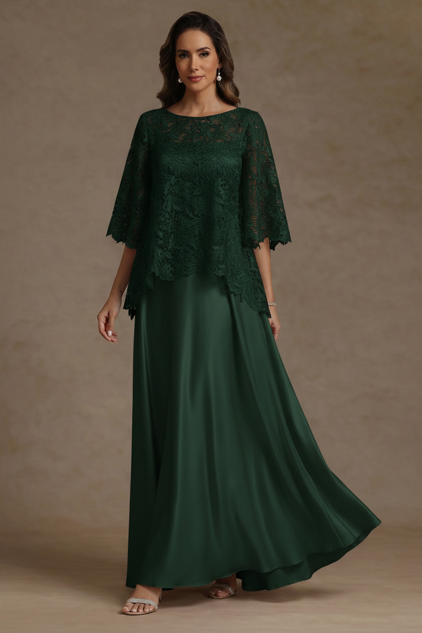 2 Pieces A-Line/Princess Silk Satin Scoop Mother ofthe Bride Dresses Lace Floor Length Short Sleeves