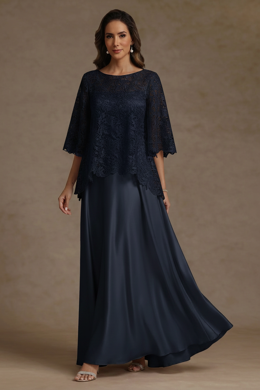 2 Pieces A-Line/Princess Silk Satin Scoop Mother ofthe Bride Dresses Lace Floor Length Short Sleeves