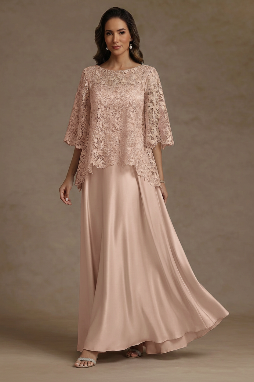 2 Pieces A-Line/Princess Silk Satin Scoop Mother ofthe Bride Dresses Lace Floor Length Short Sleeves