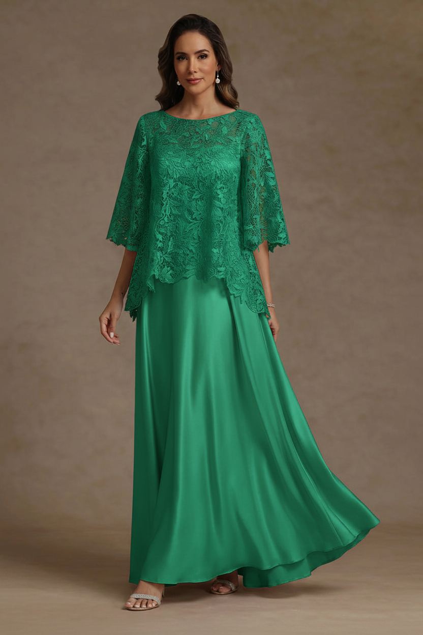 2 Pieces A-Line/Princess Silk Satin Scoop Mother ofthe Bride Dresses Lace Floor Length Short Sleeves
