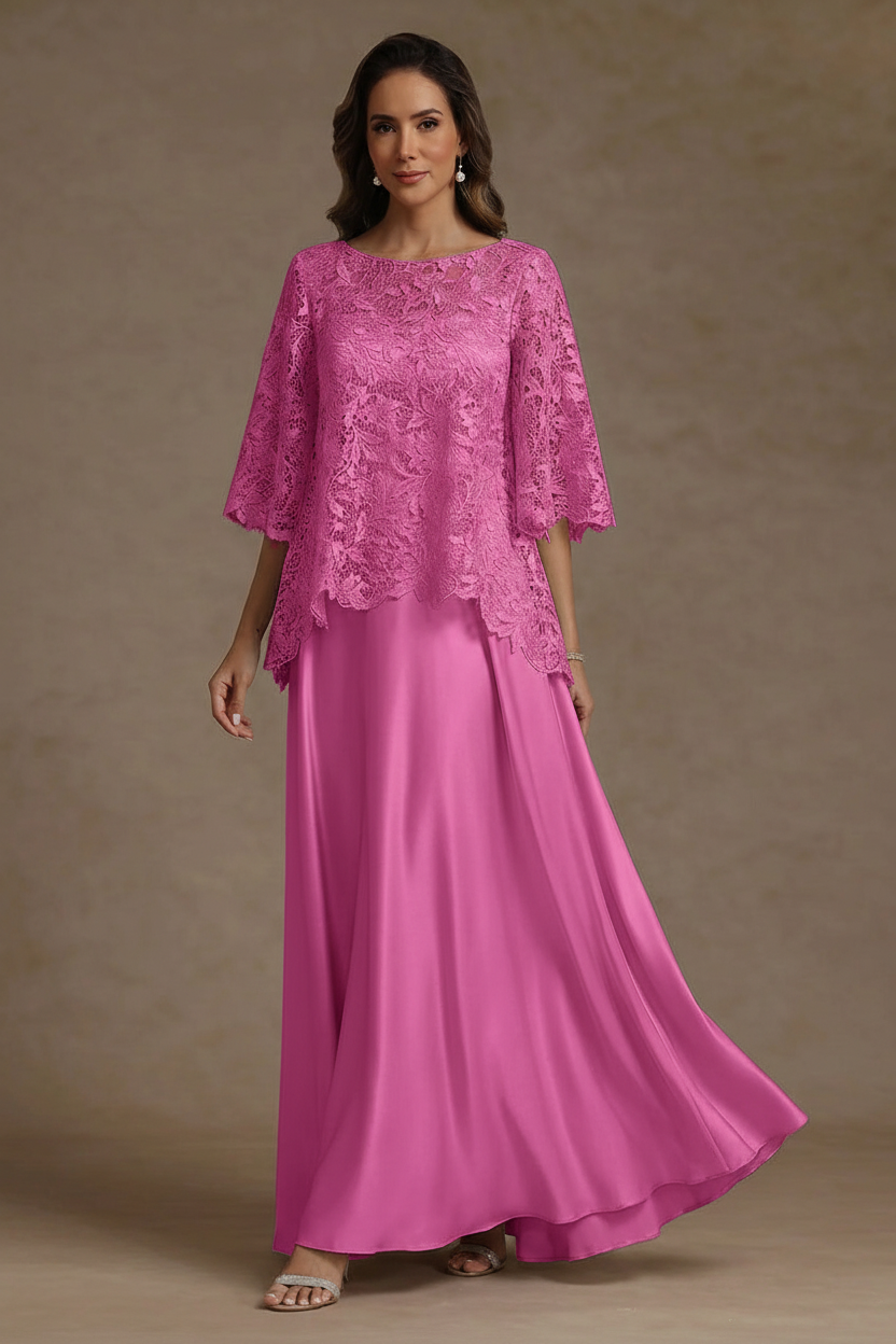 2 Pieces A-Line/Princess Silk Satin Scoop Mother ofthe Bride Dresses Lace Floor Length Short Sleeves