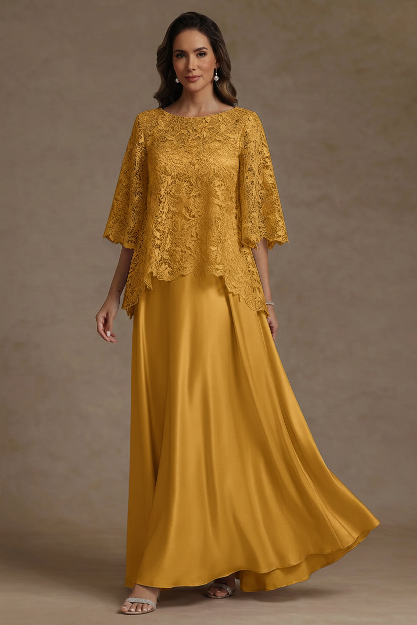2 Pieces A-Line/Princess Silk Satin Scoop Mother ofthe Bride Dresses Lace Floor Length Short Sleeves
