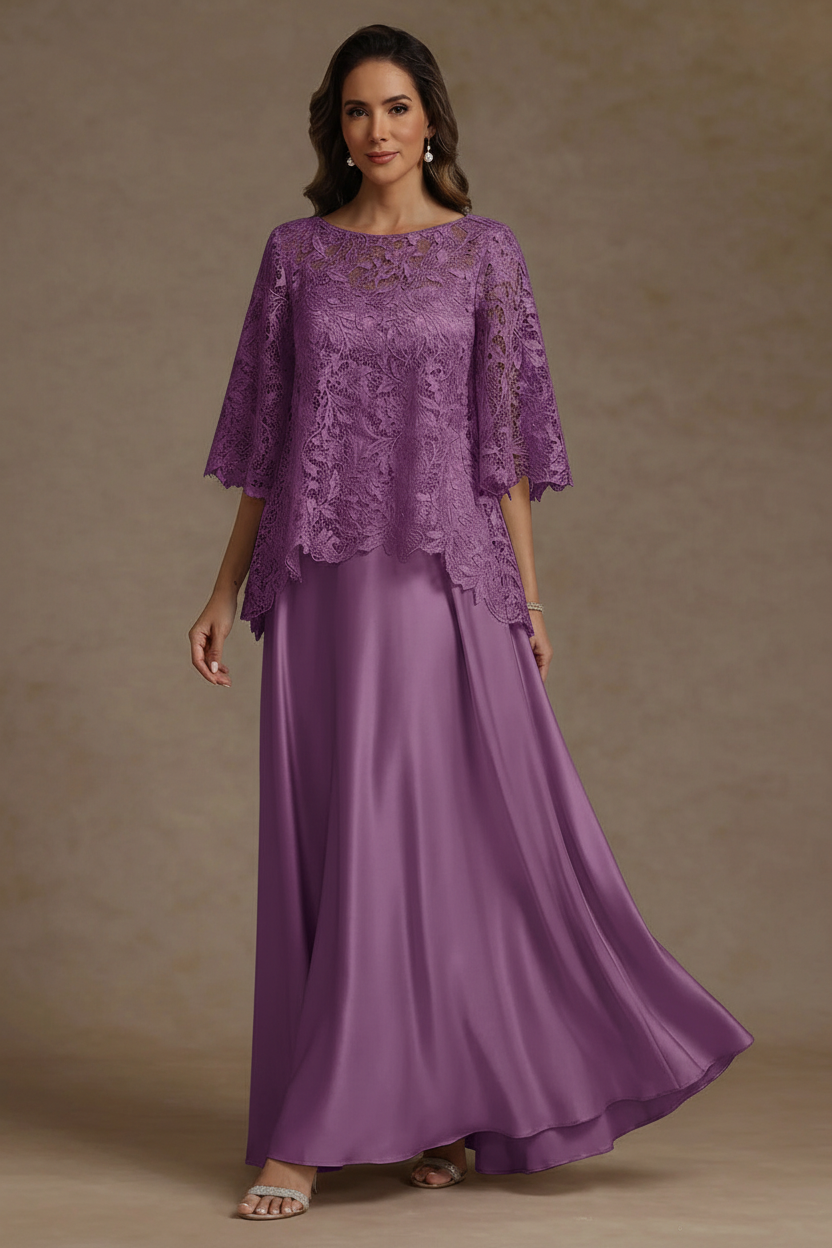 2 Pieces A-Line/Princess Silk Satin Scoop Mother ofthe Bride Dresses Lace Floor Length Short Sleeves