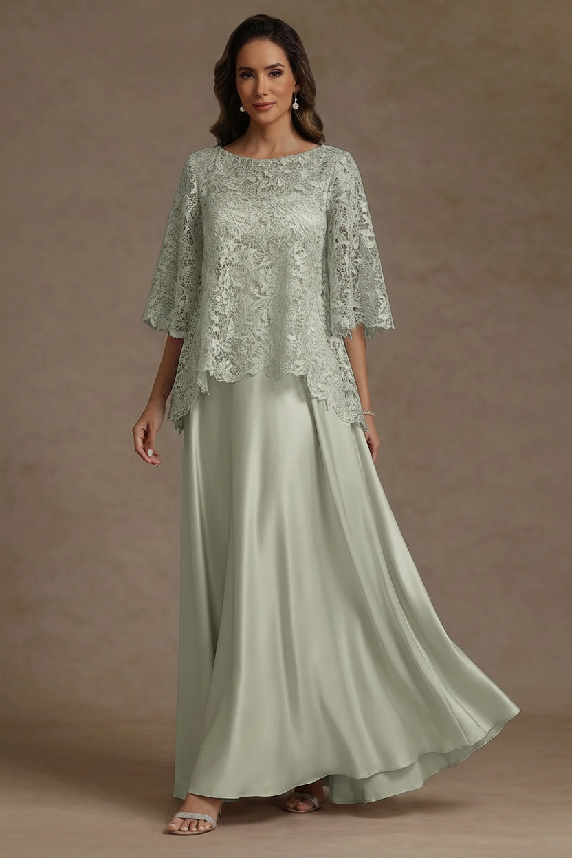 2 Pieces A-Line/Princess Silk Satin Scoop Mother ofthe Bride Dresses Lace Floor Length Short Sleeves