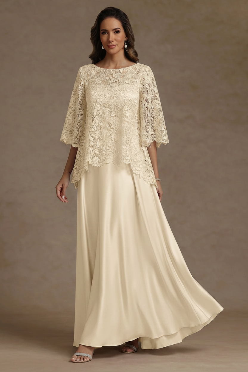 2 Pieces A-Line/Princess Silk Satin Scoop Mother ofthe Bride Dresses Lace Floor Length Short Sleeves