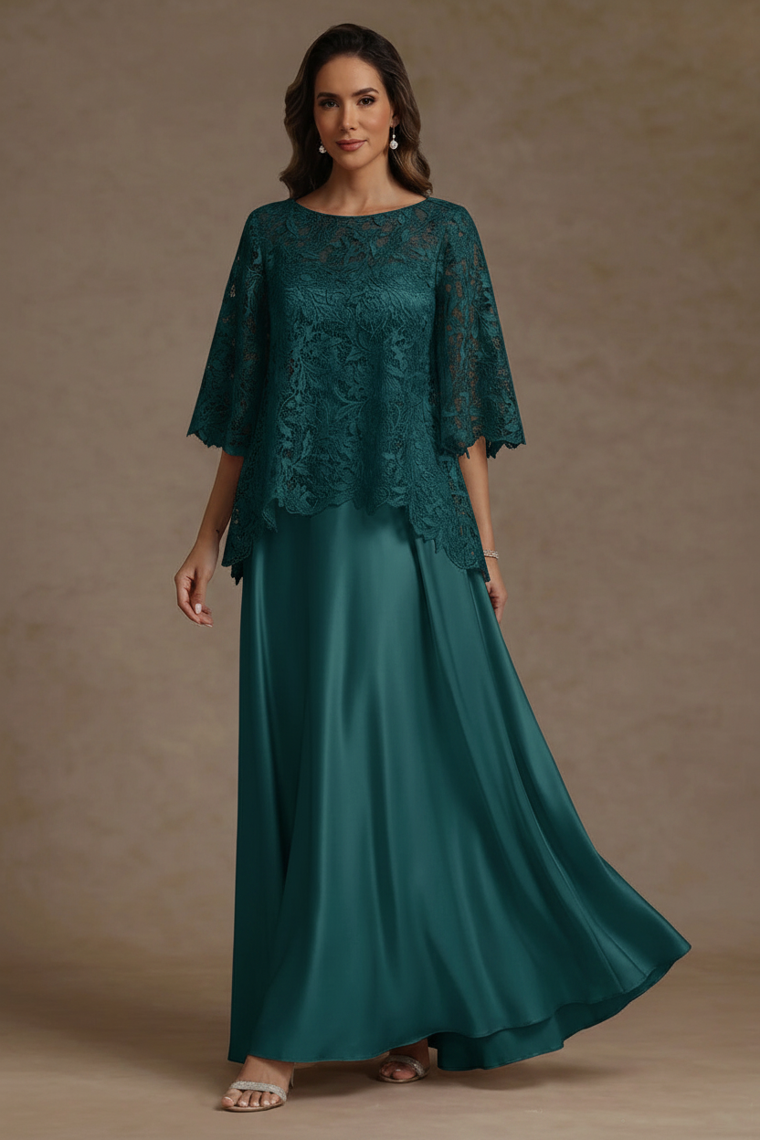 2 Pieces A-Line/Princess Silk Satin Scoop Mother ofthe Bride Dresses Lace Floor Length Short Sleeves