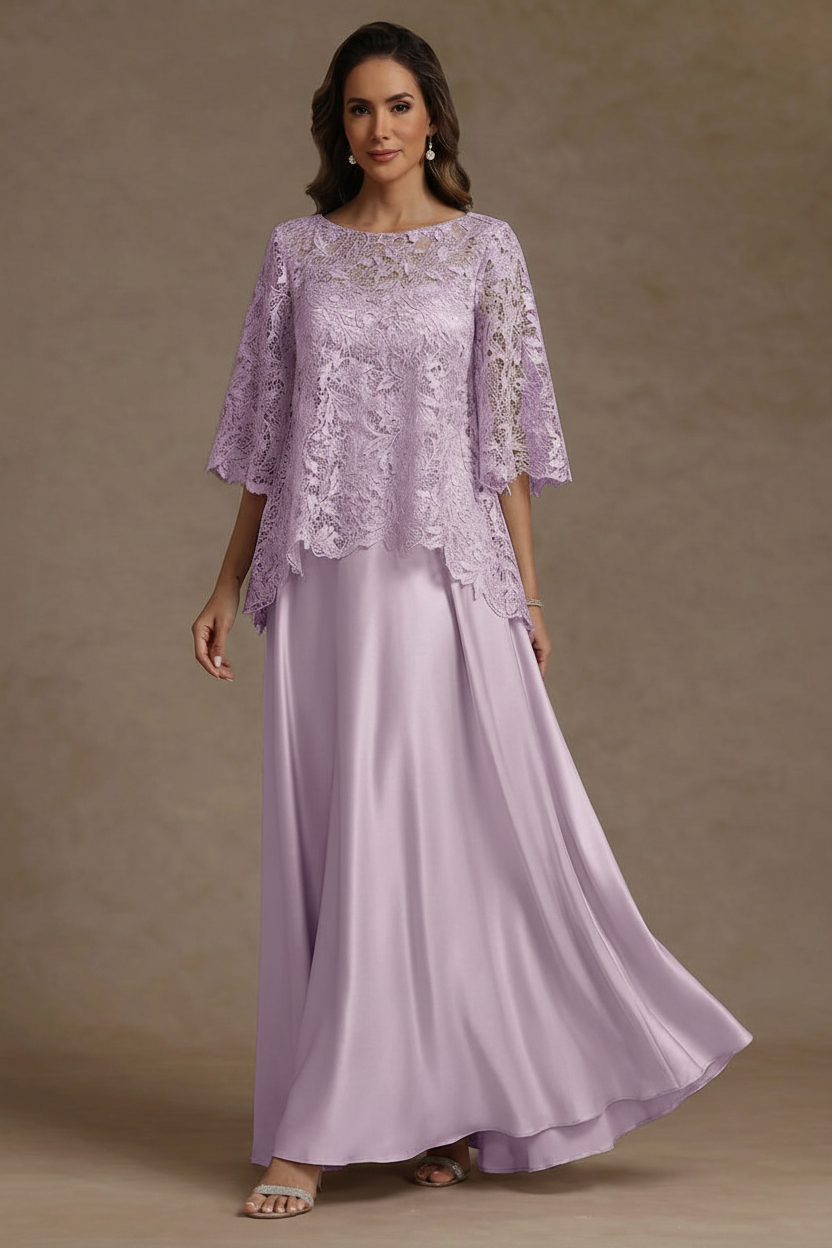2 Pieces A-Line/Princess Silk Satin Scoop Mother ofthe Bride Dresses Lace Floor Length Short Sleeves