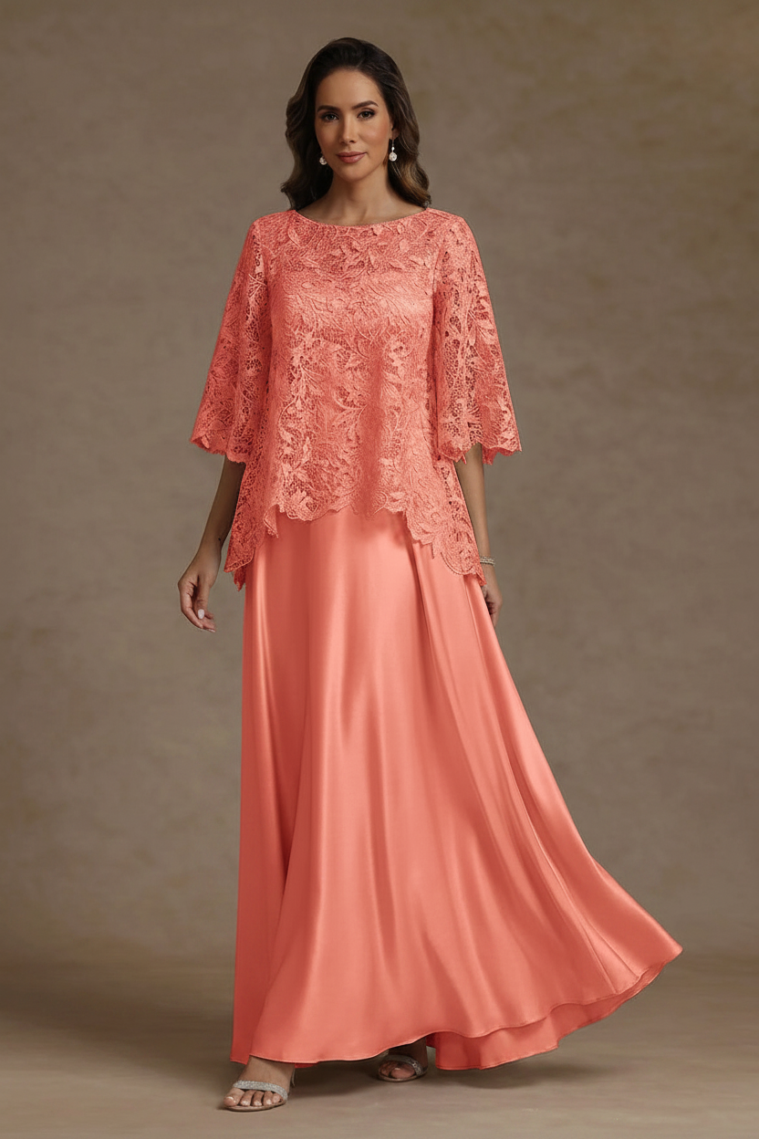 2 Pieces A-Line/Princess Silk Satin Scoop Mother ofthe Bride Dresses Lace Floor Length Short Sleeves