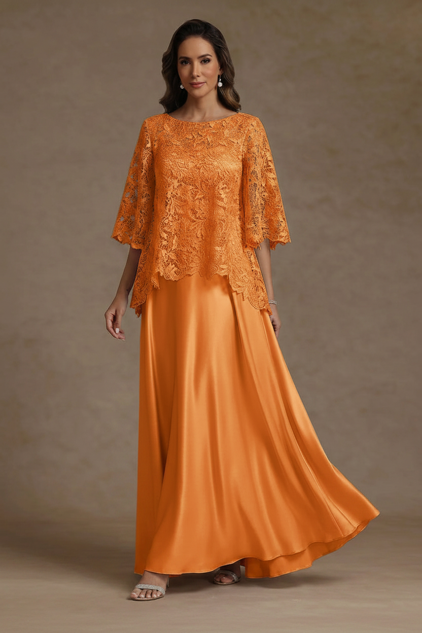 2 Pieces A-Line/Princess Silk Satin Scoop Mother ofthe Bride Dresses Lace Floor Length Short Sleeves