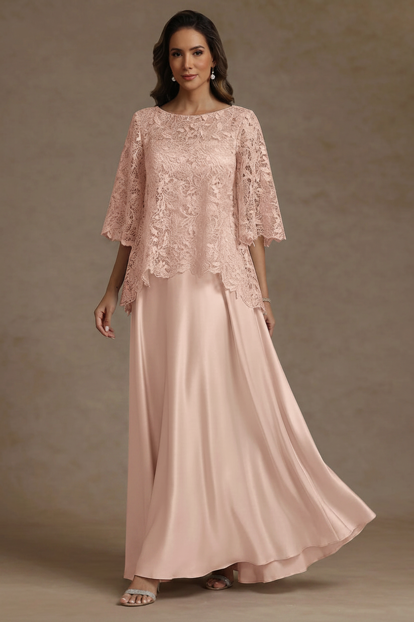 2 Pieces A-Line/Princess Silk Satin Scoop Mother ofthe Bride Dresses Lace Floor Length Short Sleeves
