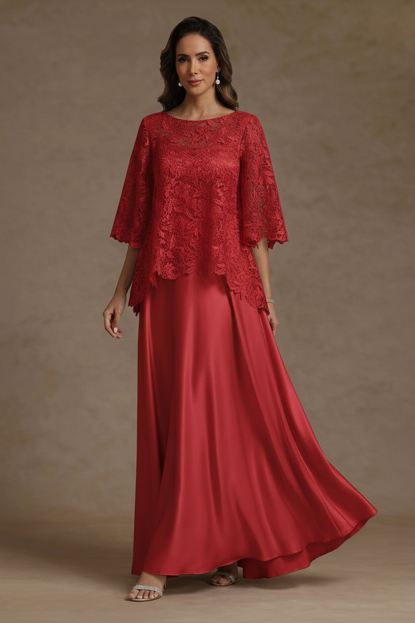 2 Pieces A-Line/Princess Silk Satin Scoop Mother ofthe Bride Dresses Lace Floor Length Short Sleeves