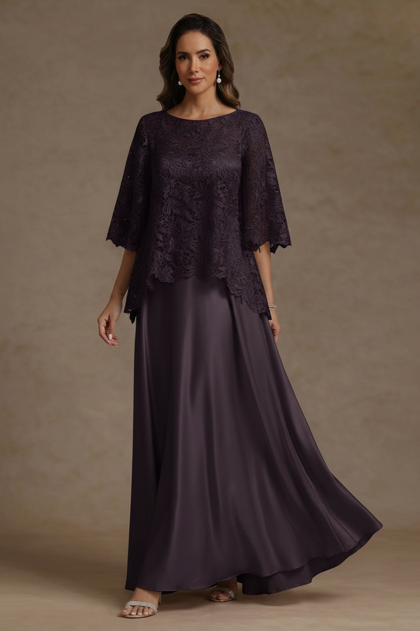 2 Pieces A-Line/Princess Silk Satin Scoop Mother ofthe Bride Dresses Lace Floor Length Short Sleeves