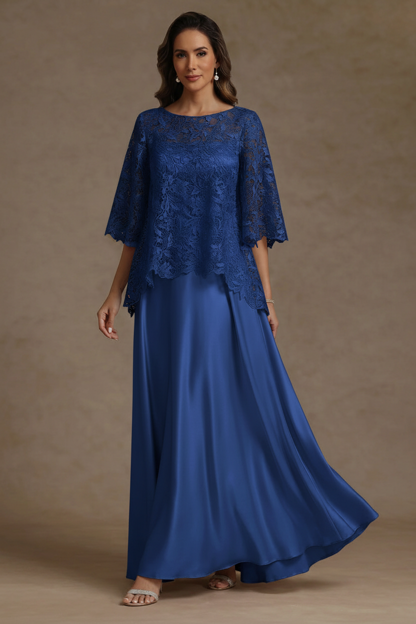 2 Pieces A-Line/Princess Silk Satin Scoop Mother ofthe Bride Dresses Lace Floor Length Short Sleeves