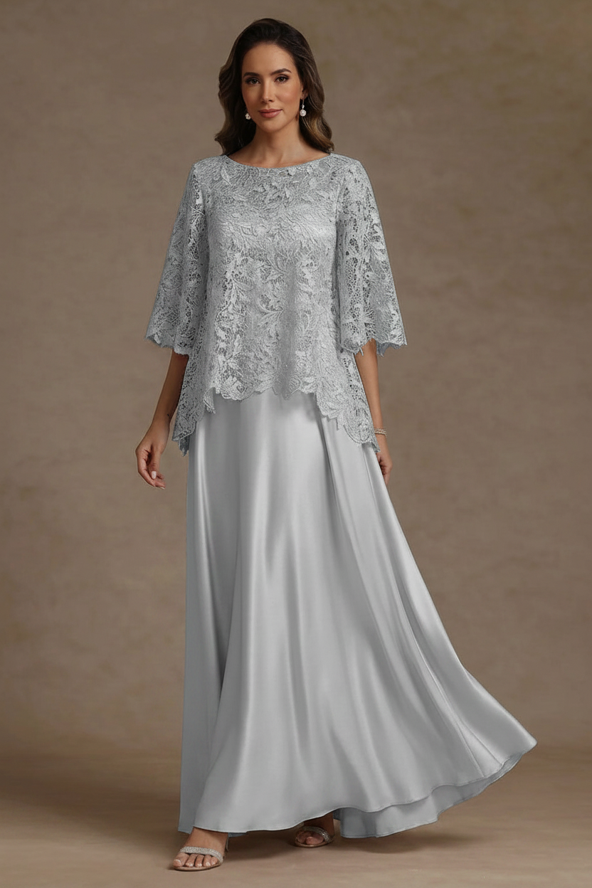 2 Pieces A-Line/Princess Silk Satin Scoop Mother ofthe Bride Dresses Lace Floor Length Short Sleeves