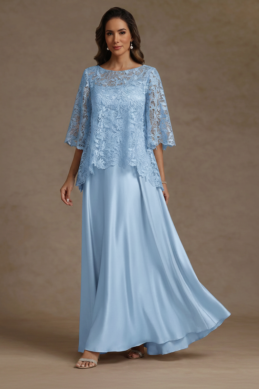 2 Pieces A-Line/Princess Silk Satin Scoop Mother ofthe Bride Dresses Lace Floor Length Short Sleeves