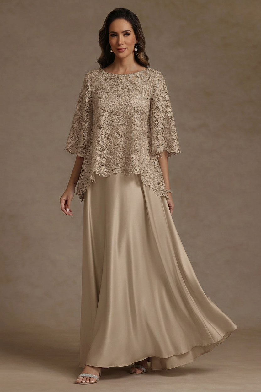 2 Pieces A-Line/Princess Silk Satin Scoop Mother ofthe Bride Dresses Lace Floor Length Short Sleeves