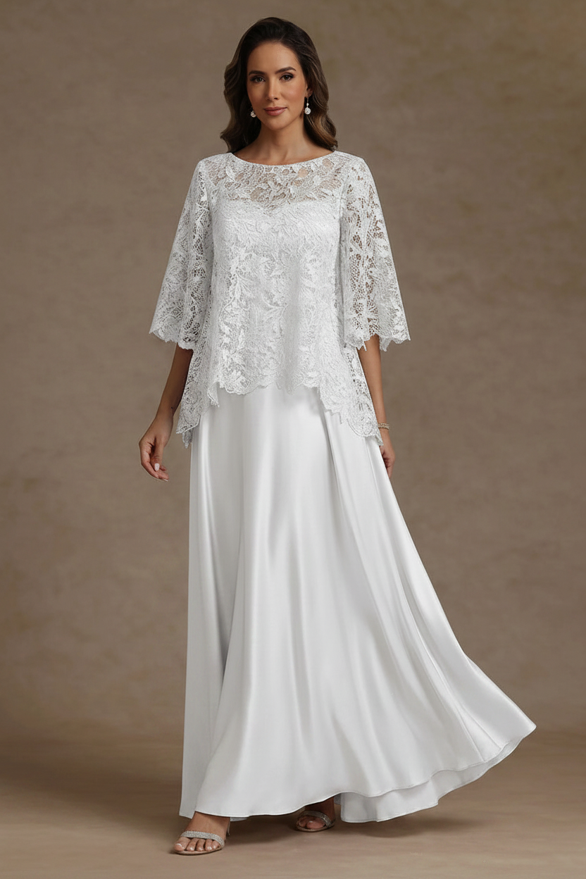 2 Pieces A-Line/Princess Silk Satin Scoop Mother ofthe Bride Dresses Lace Floor Length Short Sleeves
