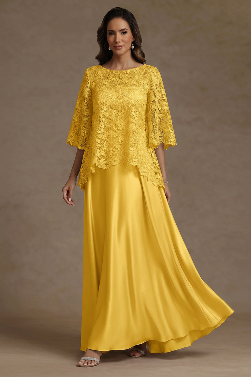 2 Pieces A-Line/Princess Silk Satin Scoop Mother ofthe Bride Dresses Lace Floor Length Short Sleeves