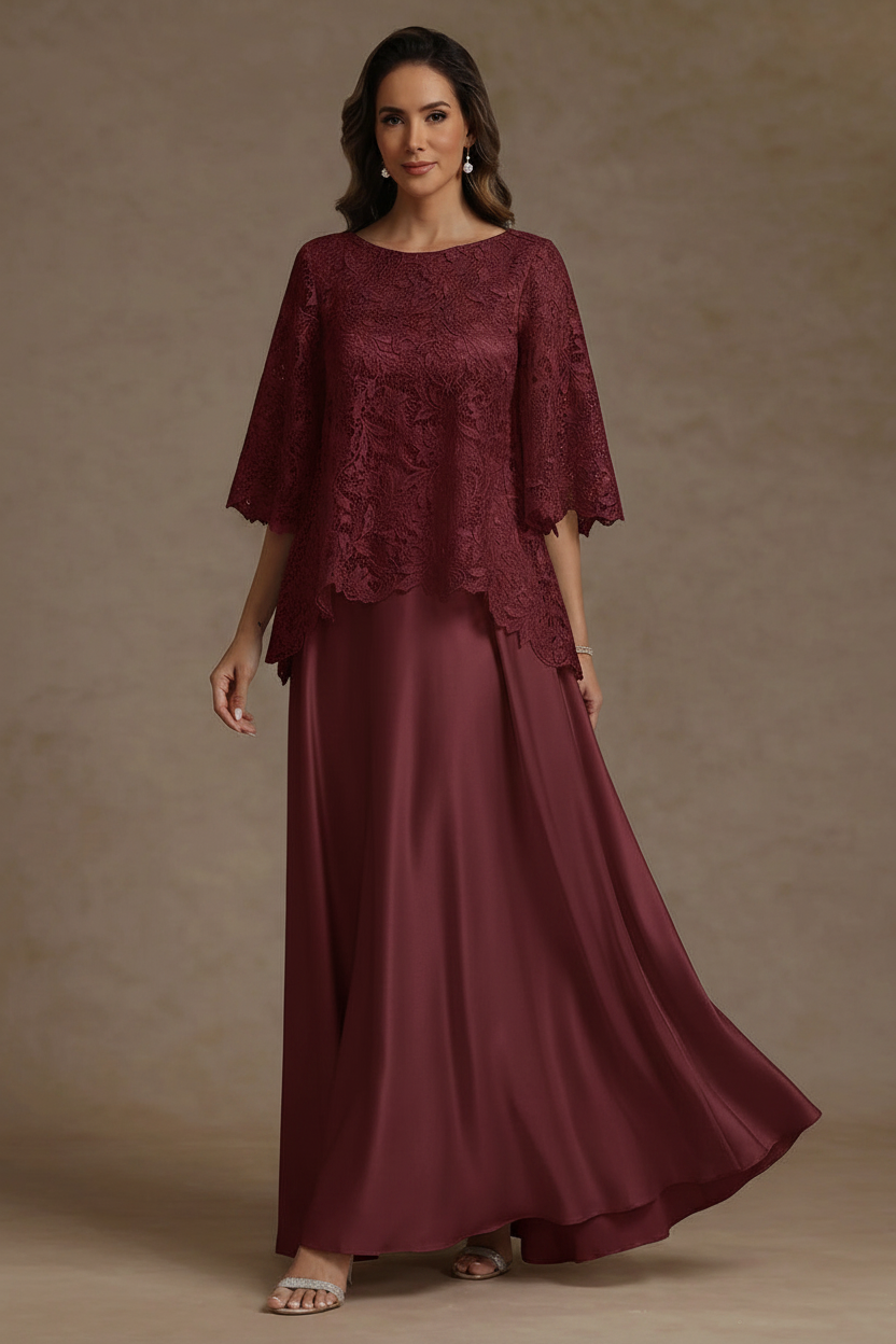 2 Pieces A-Line/Princess Silk Satin Scoop Mother ofthe Bride Dresses Lace Floor Length Short Sleeves